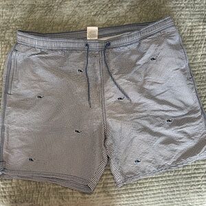 Vineyard Vines Blue Gingham Whale Embroidered Mesh Lined Swim Trunks Mens XL